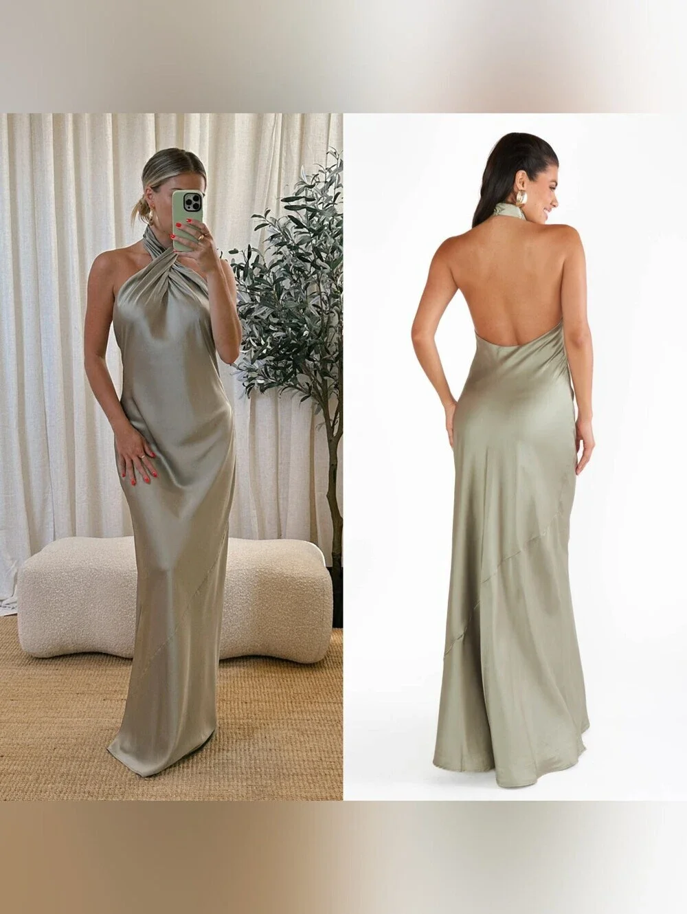 Show Me Your MuMu Jasmine Halter Maxi Moss Green Luxe Satin Dress XS Wedding
